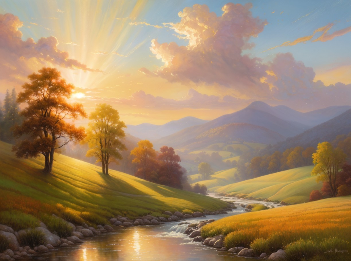 Serene Dawn Landscape with Rolling Hills and Stream