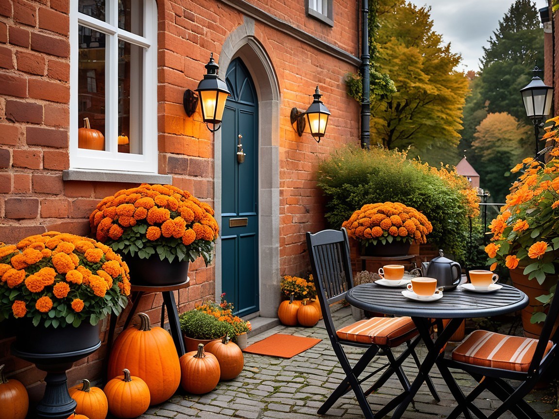 Charming Brick Home with Blue Door and Autumn Decor