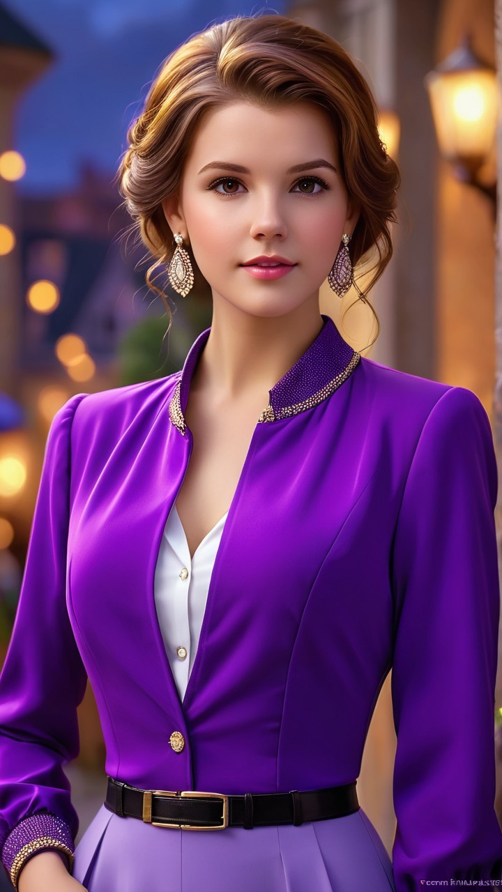 Elegant young woman in vibrant purple outfit