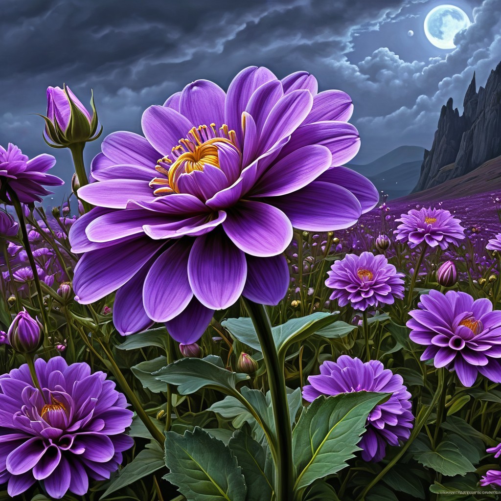 Vibrant Purple Flower Field Under Dramatic Sky