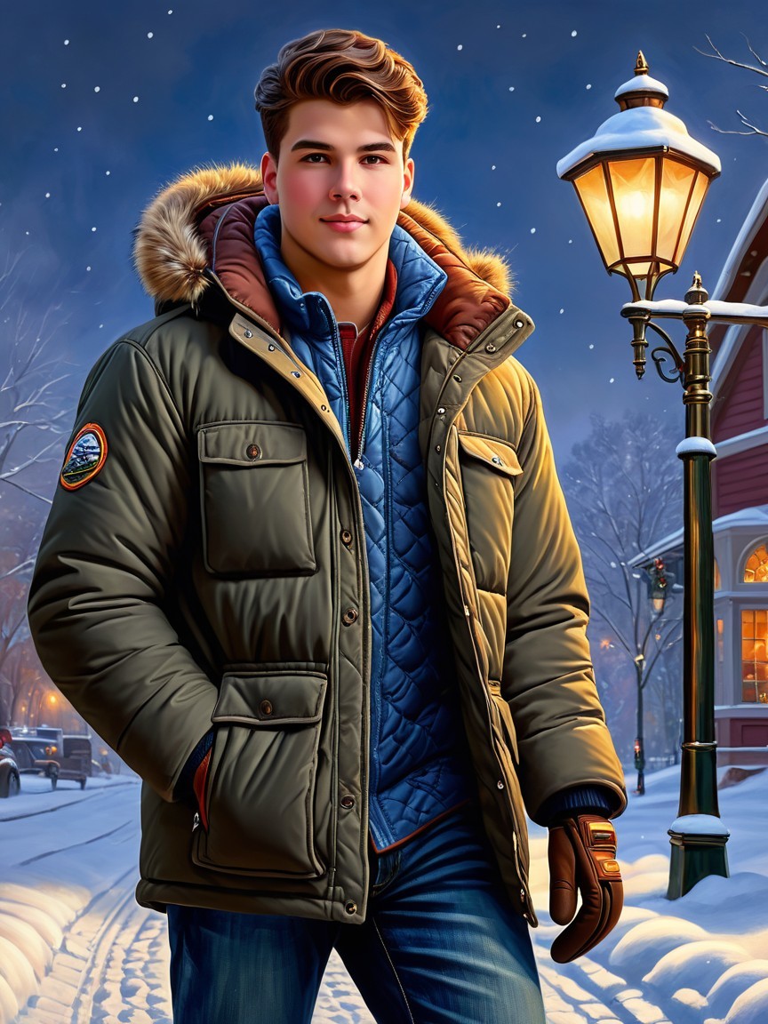 Young man in olive green winter jacket in snowy setting