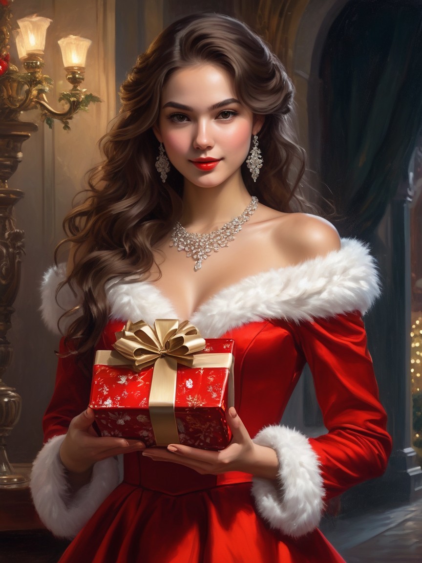 Young woman in red dress with gift box in dim light