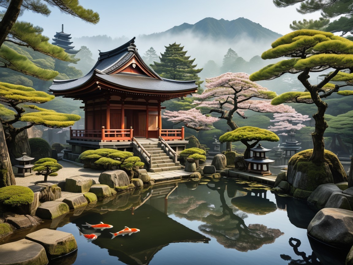 Serene Japanese Garden with Pavilion and Cherry Blossoms