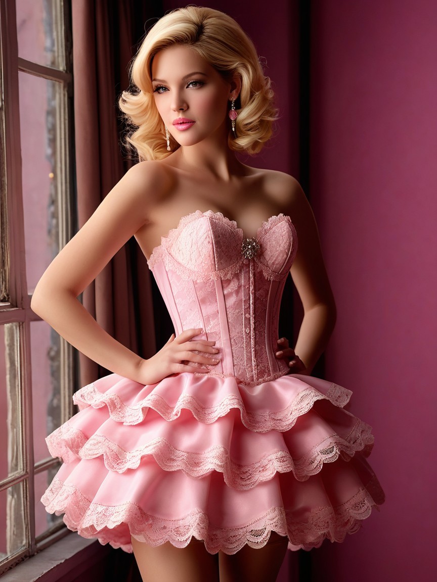 Model in Pink Strapless Corset Dress with Lace Detail