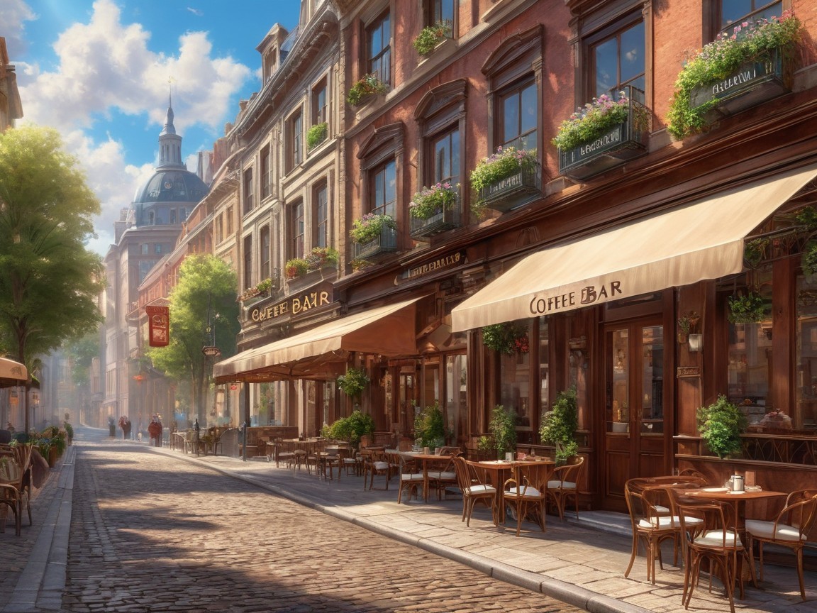 Charming Cobblestone Street with Quaint Cafés and Greenery