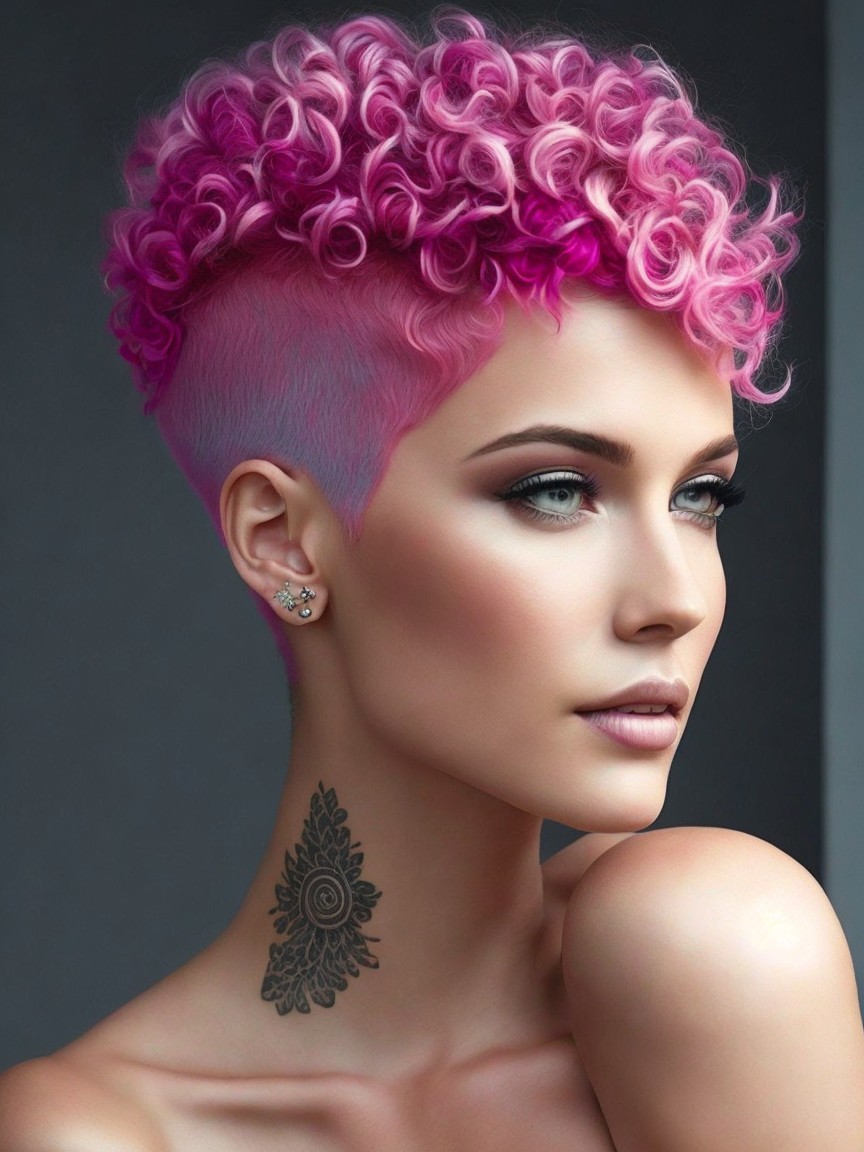 Portrait of a person with vibrant pink curls and undercut