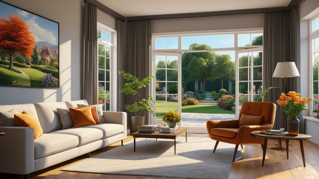 Bright Living Room with Cream Sofa and Garden View