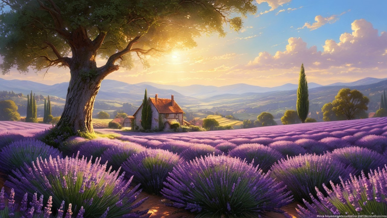 Vibrant Lavender Fields and Charming Cottage Landscape