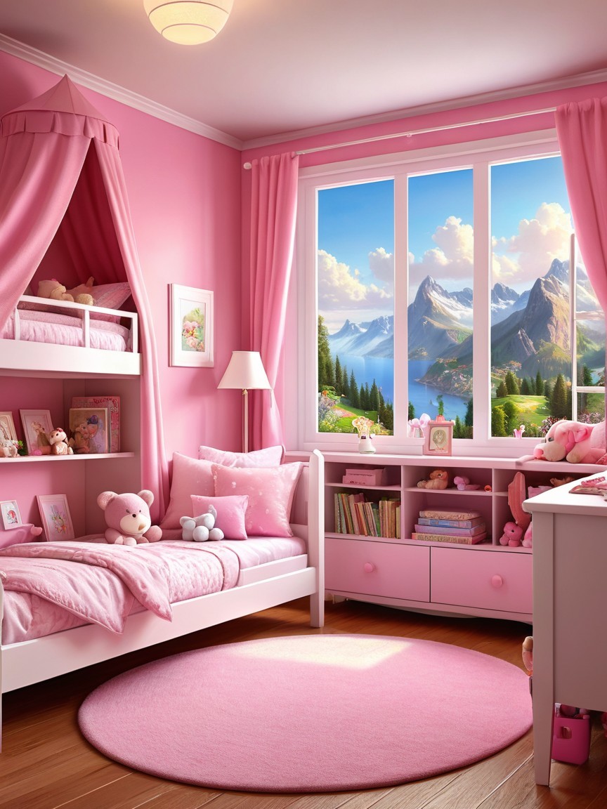Charming Pink Children's Bedroom with Bunk Beds and Toys