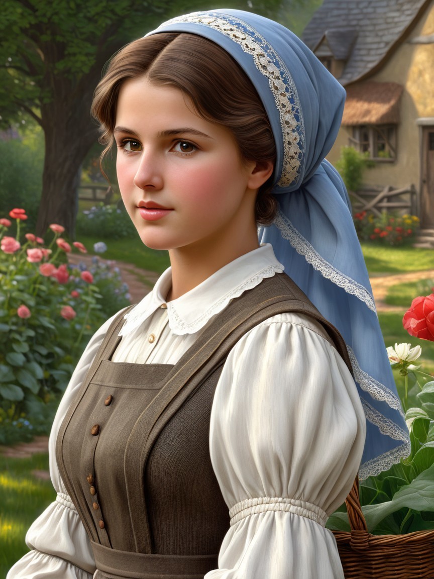 Young Woman in Vintage Dress in Lush Garden Setting