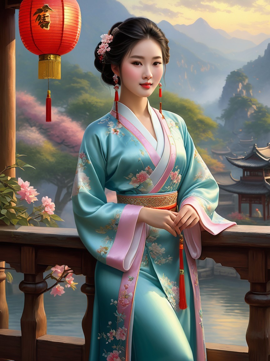 Young Woman in Blue Kimono on Scenic Balcony