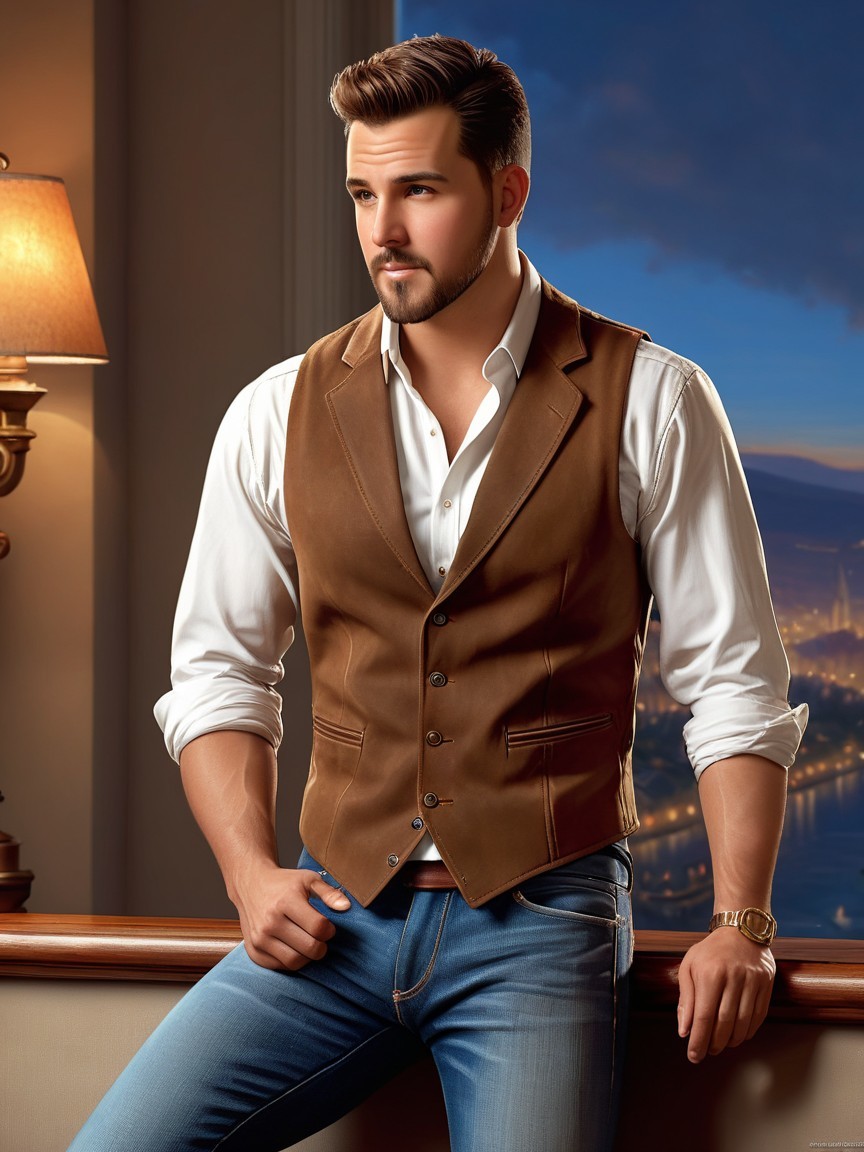 Stylish Man in Leather Vest by City Skyline Window