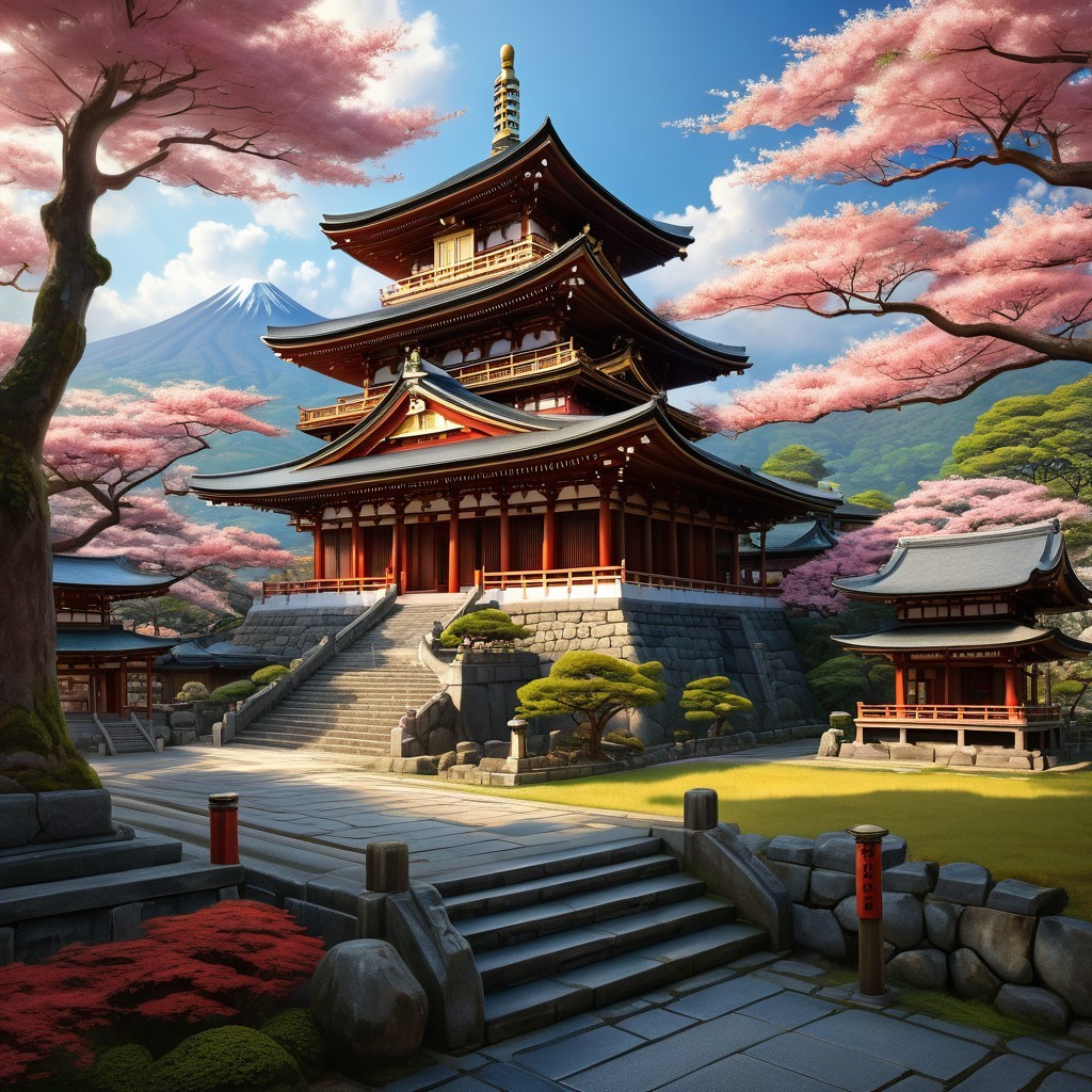 Japanese Temple Surrounded by Cherry Blossoms and Mountains