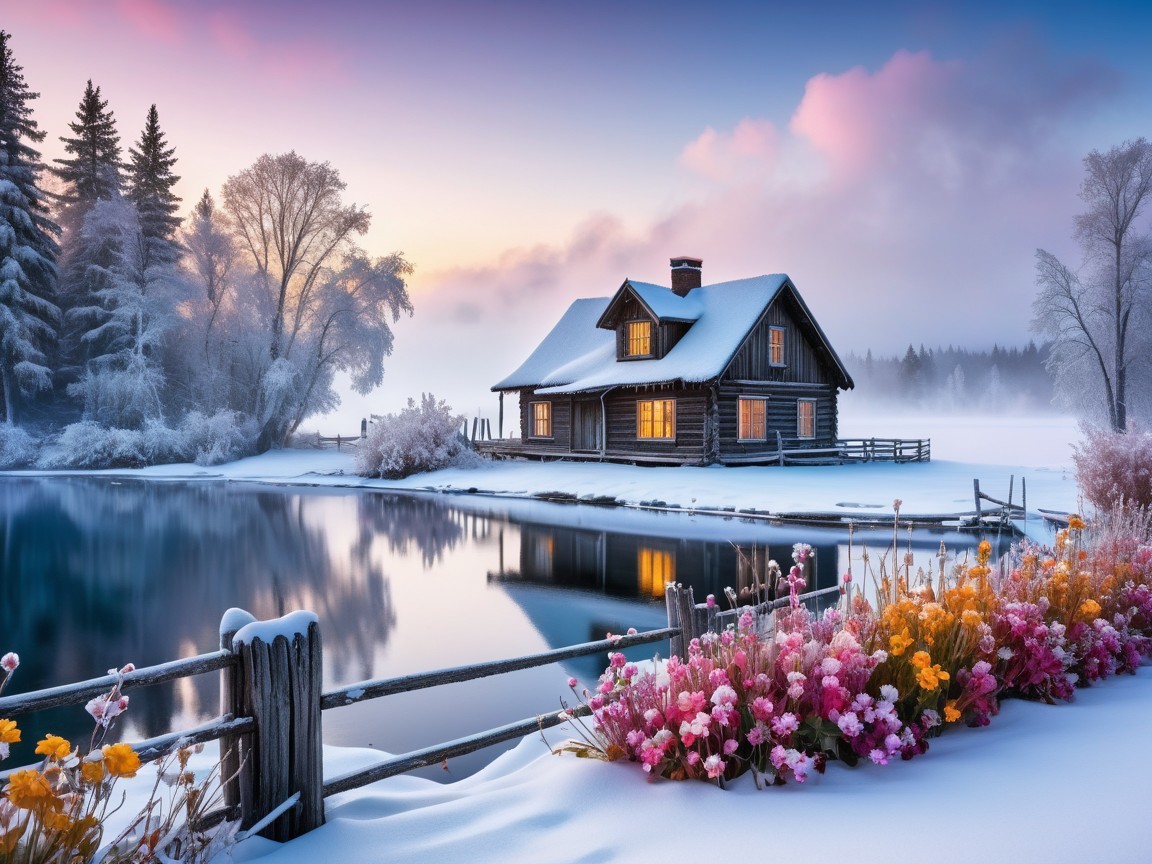 Wooden Cabin by Frozen Lake in Winter Landscape