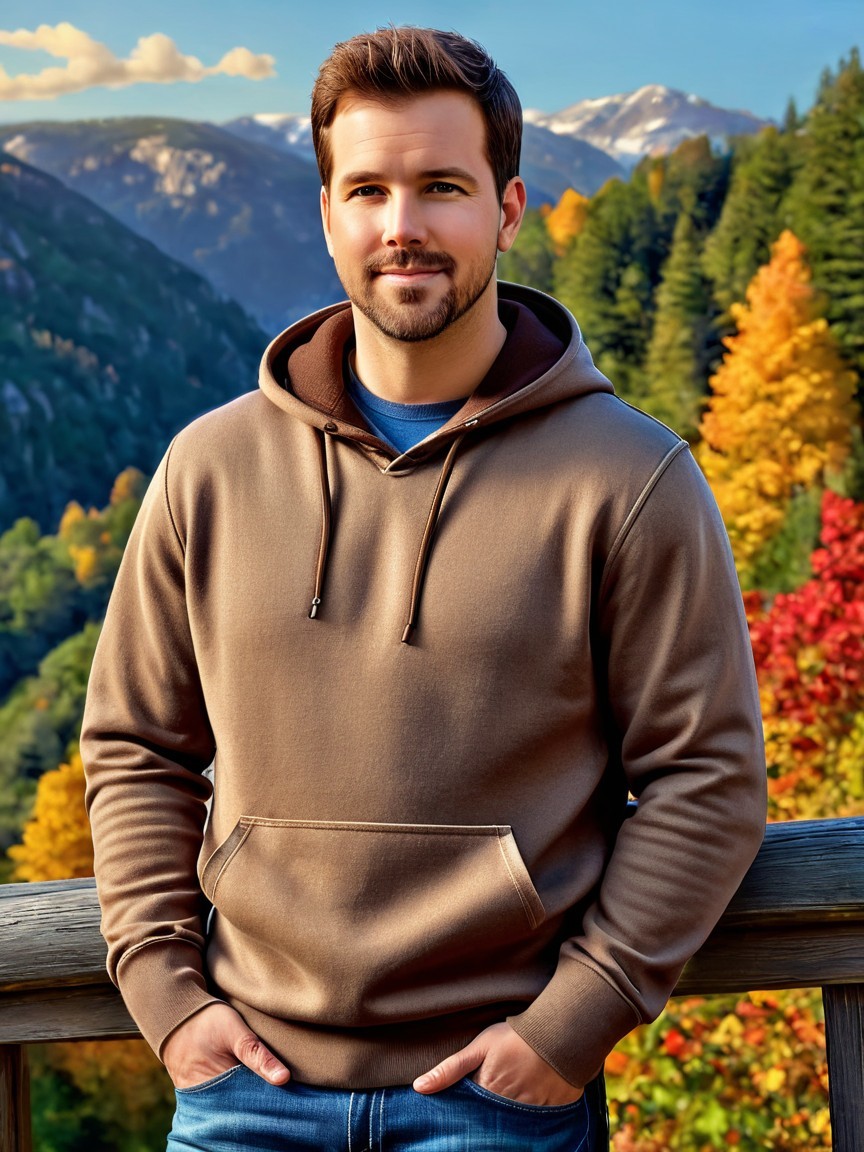Young man in hoodie against autumn foliage and mountains