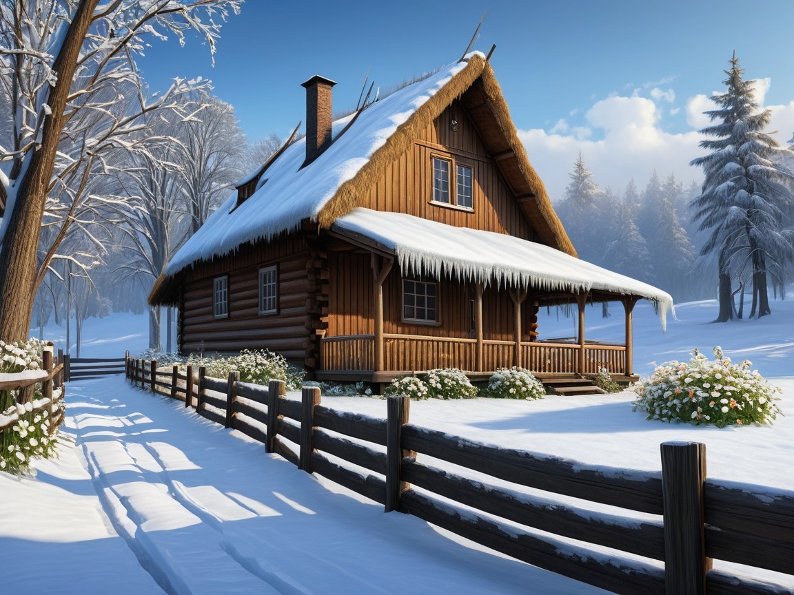 Charming Wooden Cottage in Snowy Winter Landscape