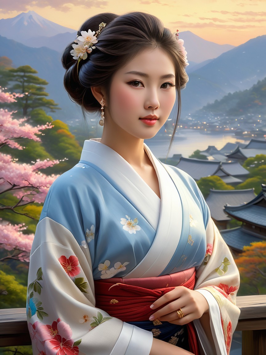 Young Woman in Kimono Amidst Cherry Blossoms and Mountains