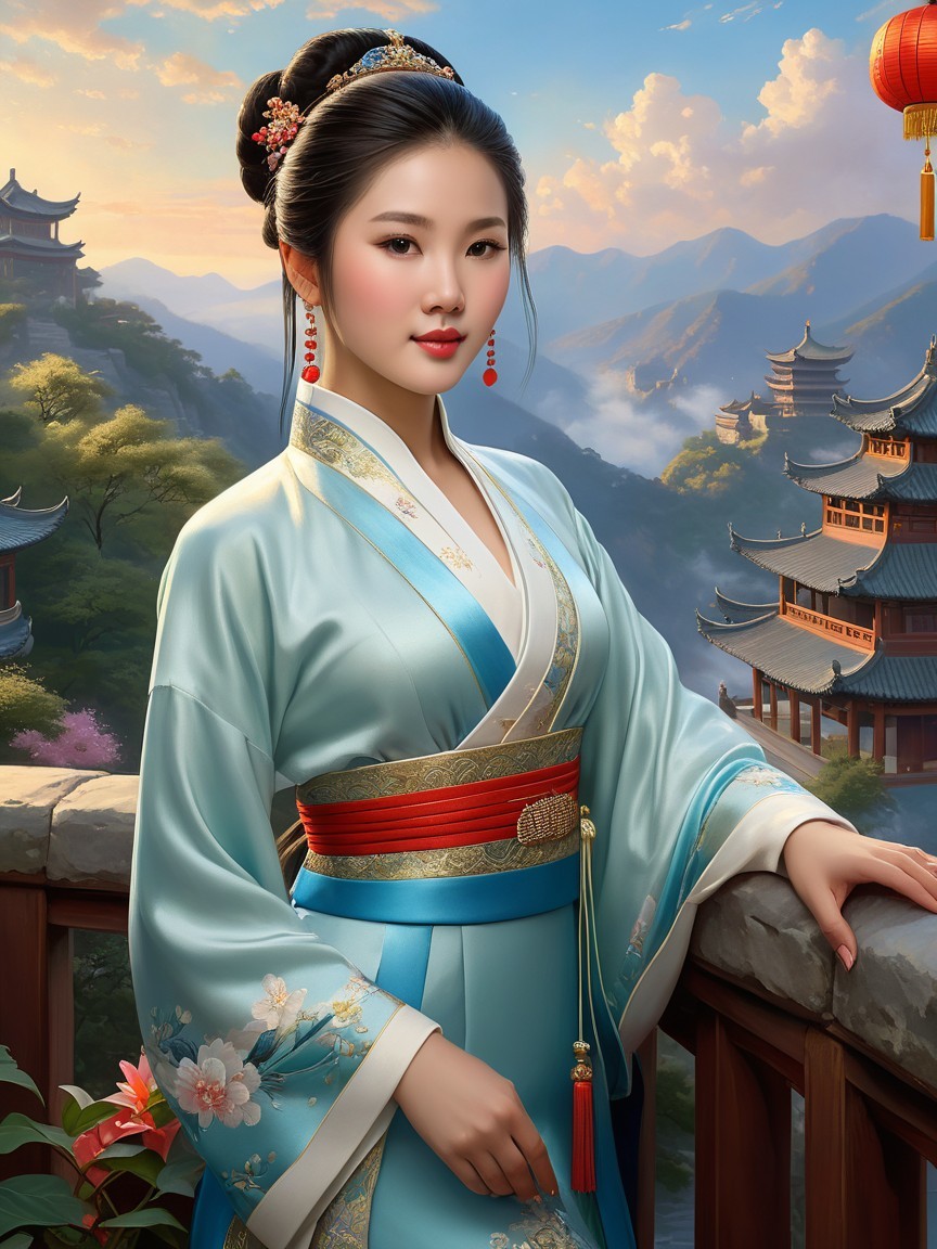 Graceful Woman in Traditional Attire with Scenic Background