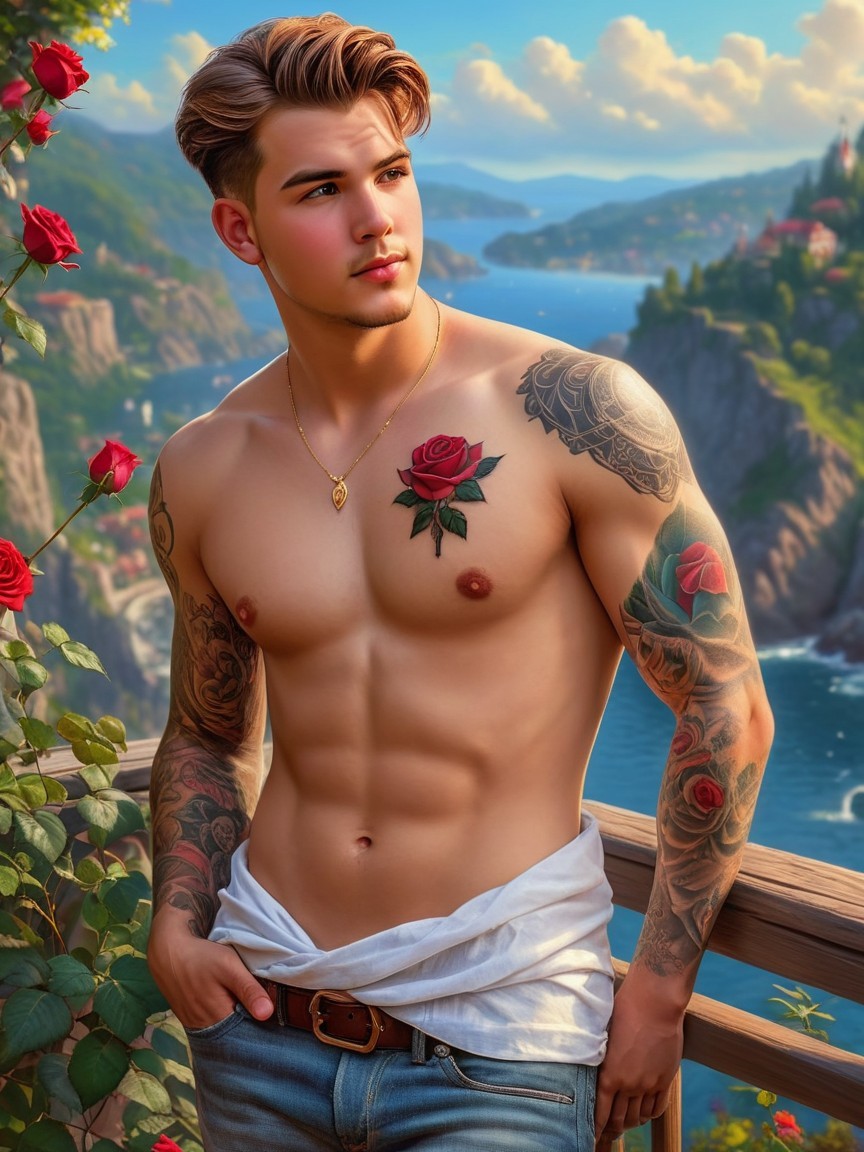 Young man with tattoos on balcony overlooking mountains