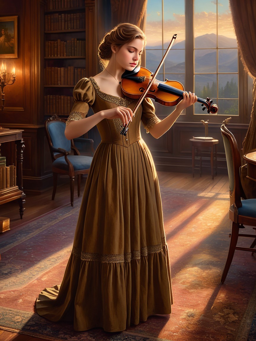 Young Woman Playing Violin in Vintage Room Setting