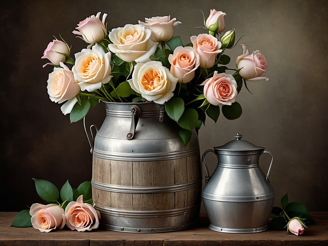 Rustic Barrel with Peach and Cream Rose Bouquet
