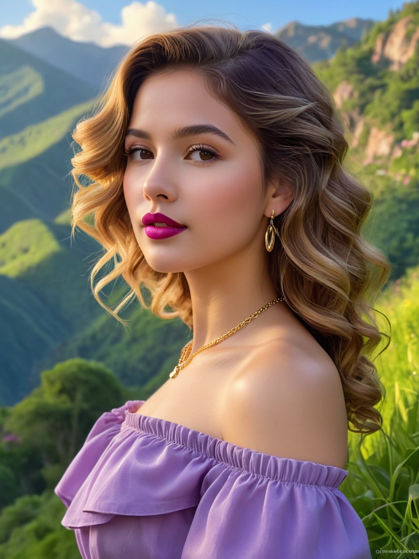 Young woman in lavender top with mountainous backdrop