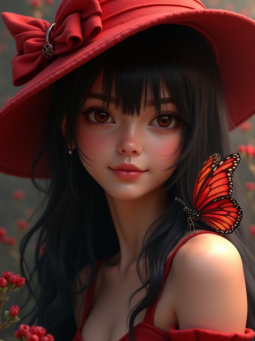Young woman in red hat with butterfly and flowers