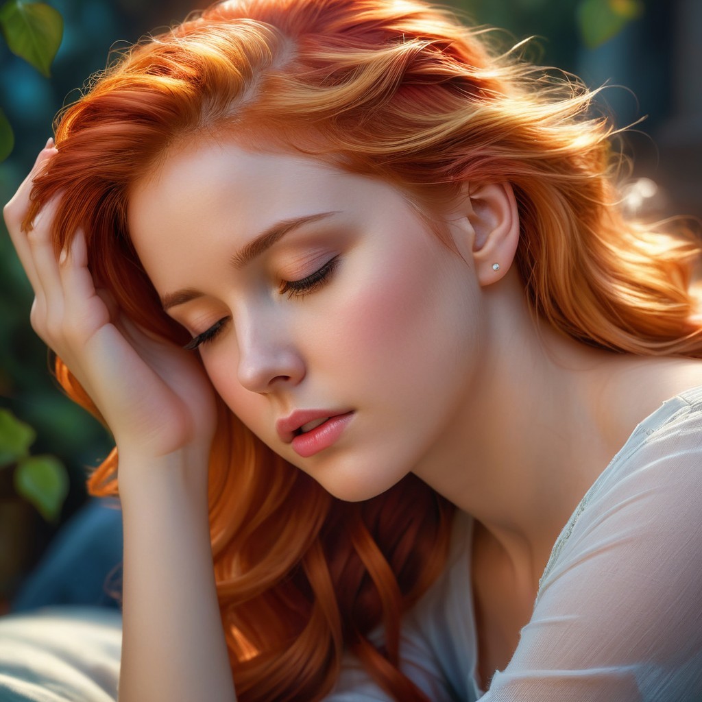 Young woman with red hair in serene nature setting