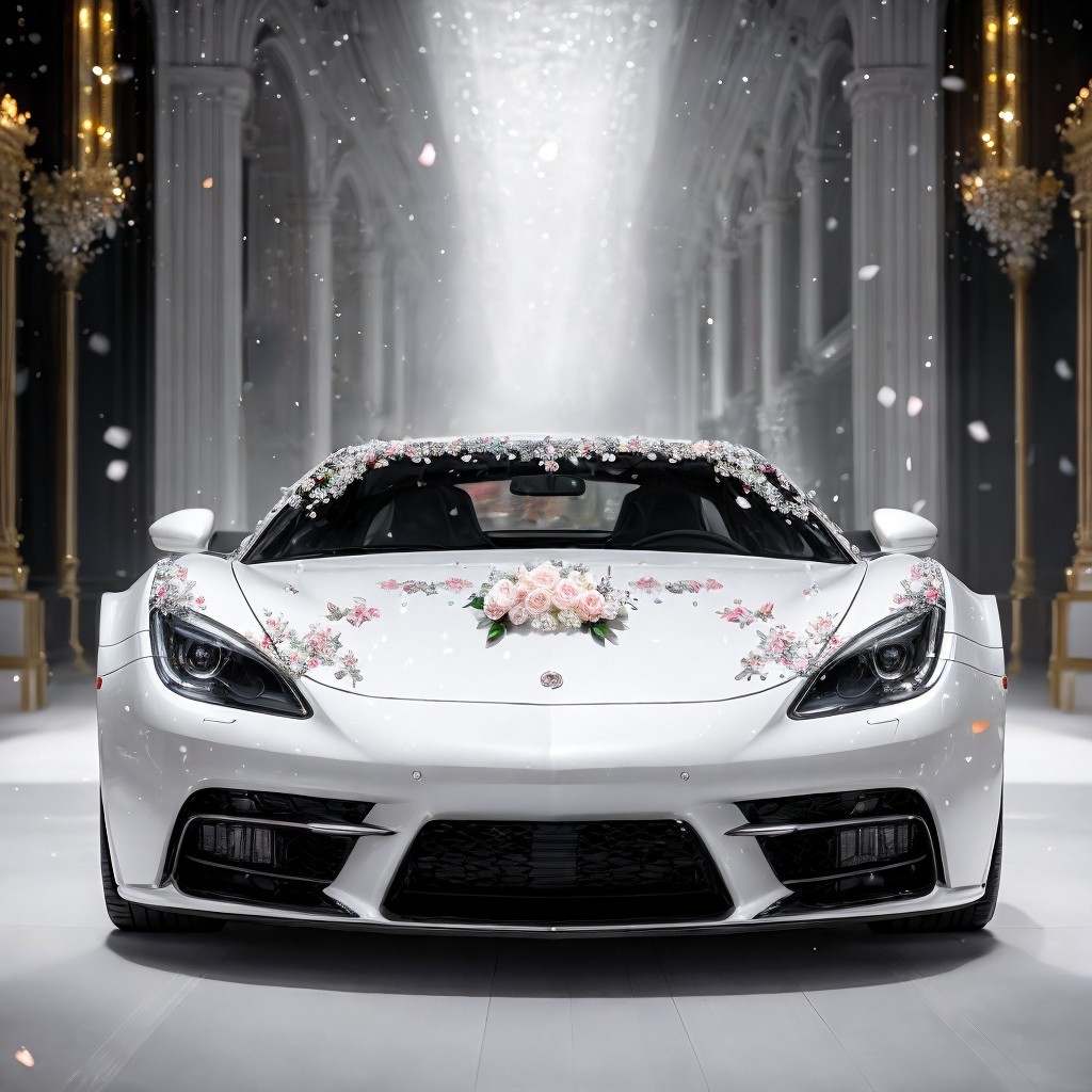 White Sports Car in Ornate Floral Setting
