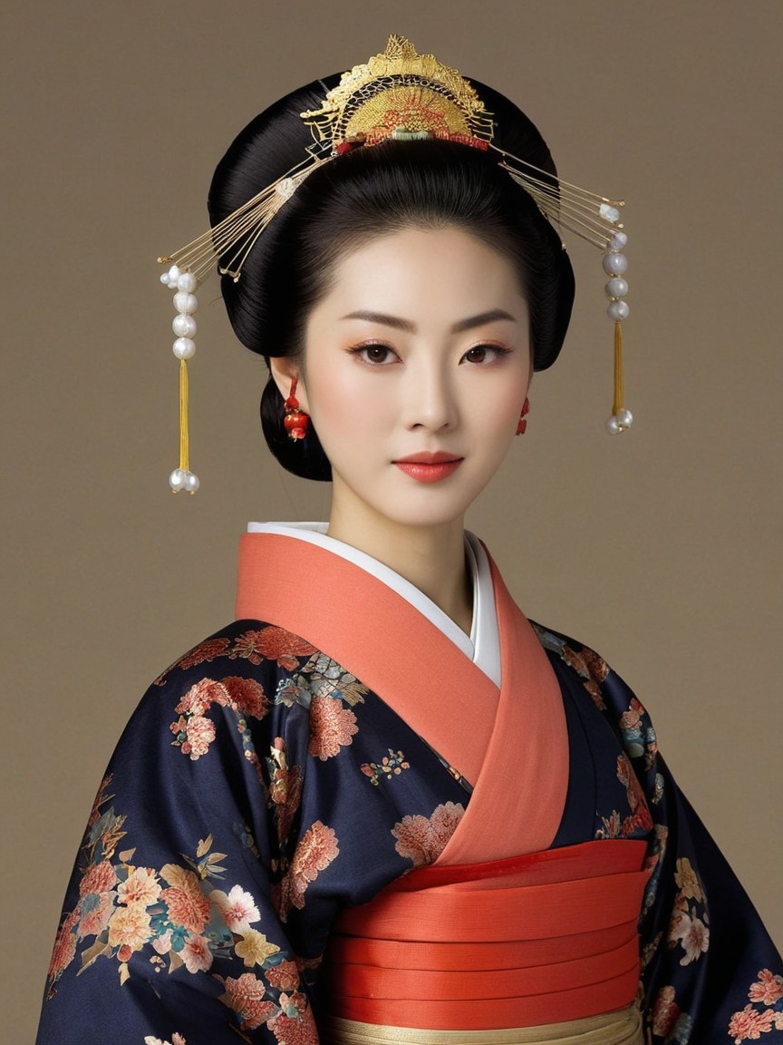 Traditional Kimono with Floral Patterns and Updo Hairstyle