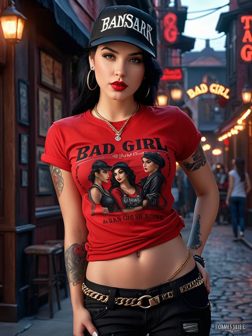 Confident Woman in Vintage Alley with Graphic T-Shirt