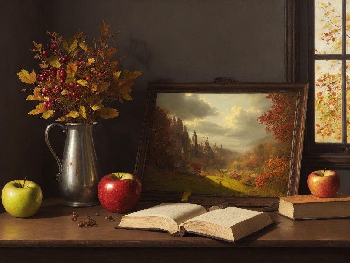 Cozy Still Life with Books and Autumn Landscape