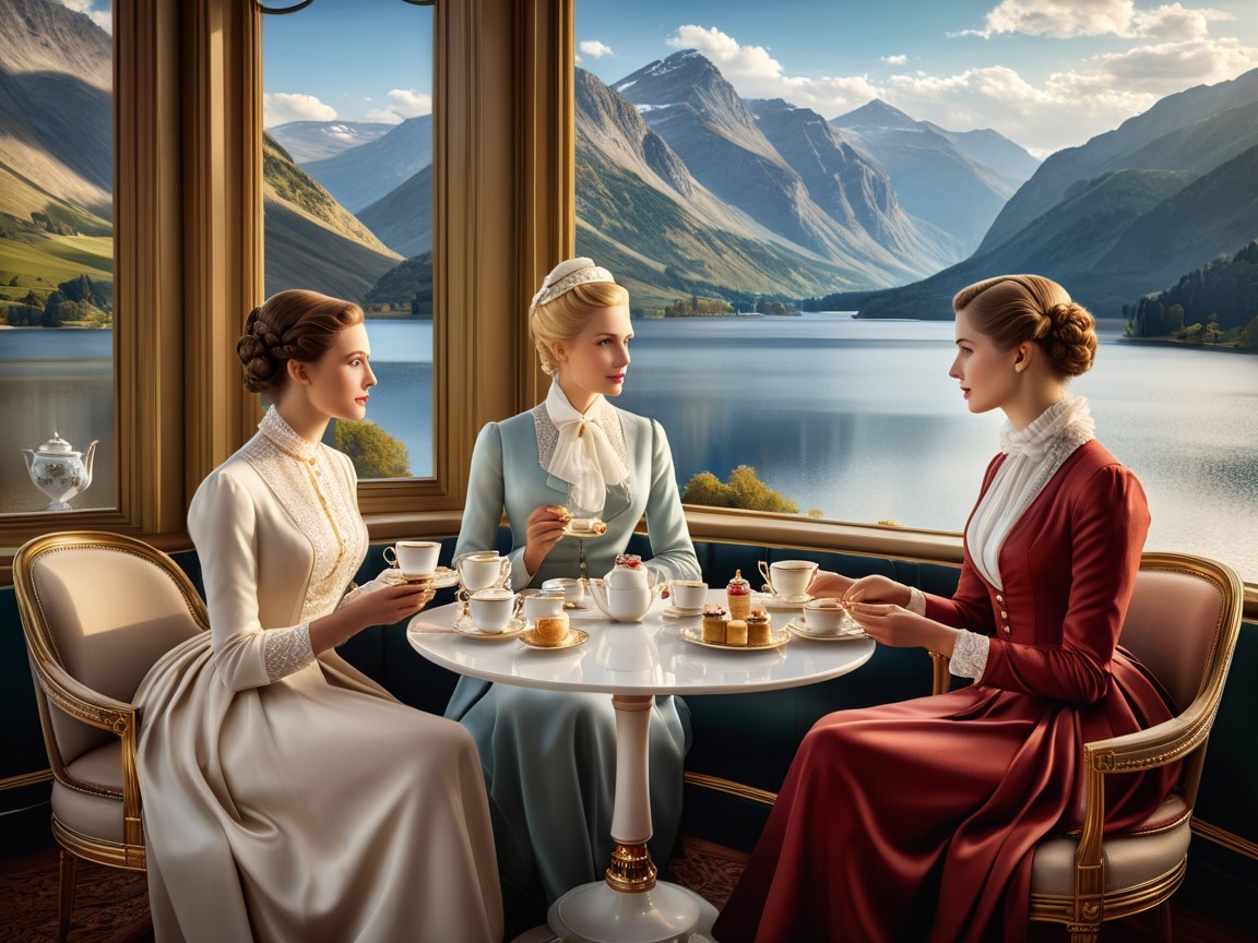 Elegant Women in Historical Attire by a Scenic Lake