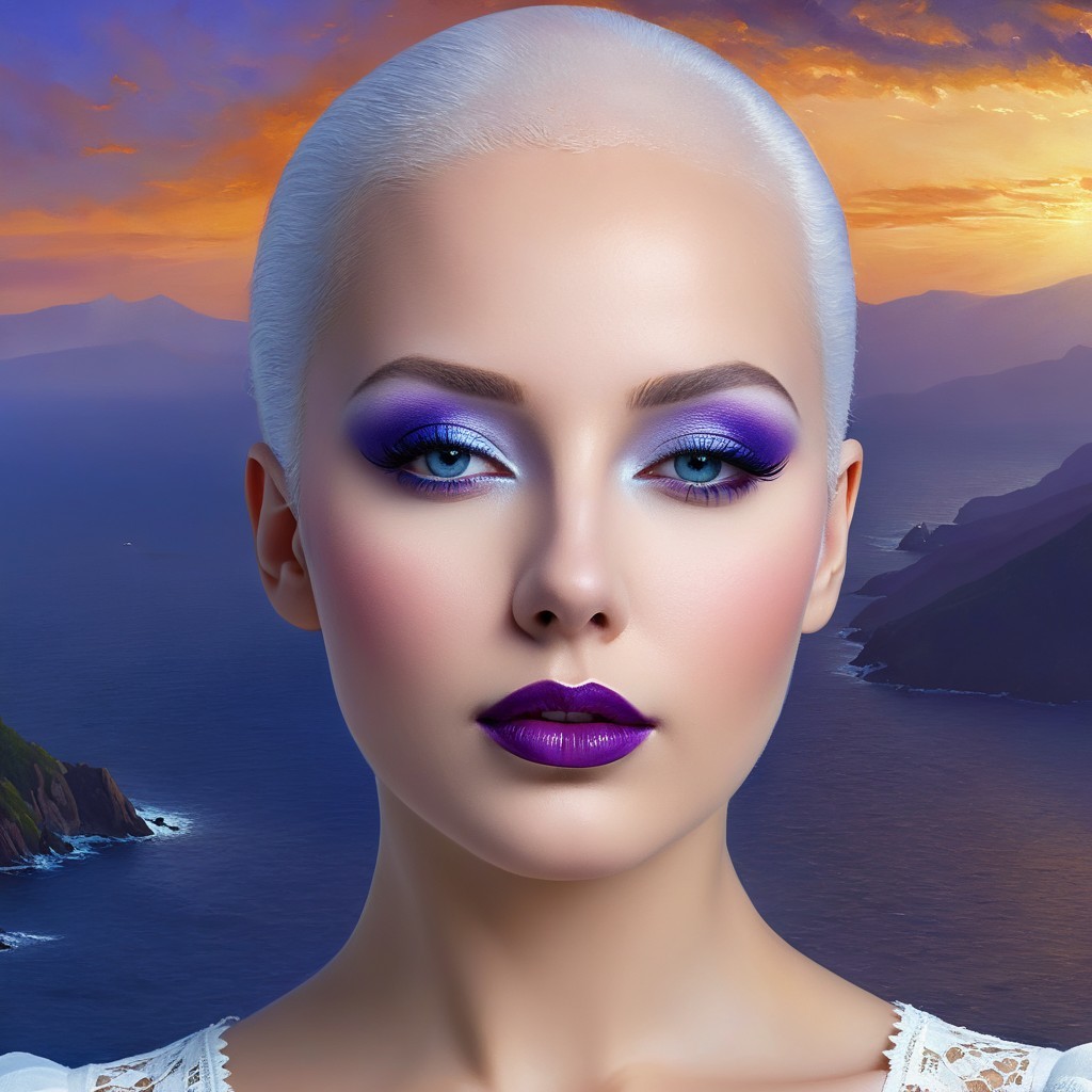 Portrait of a Woman with Bold Makeup and Sunset Background