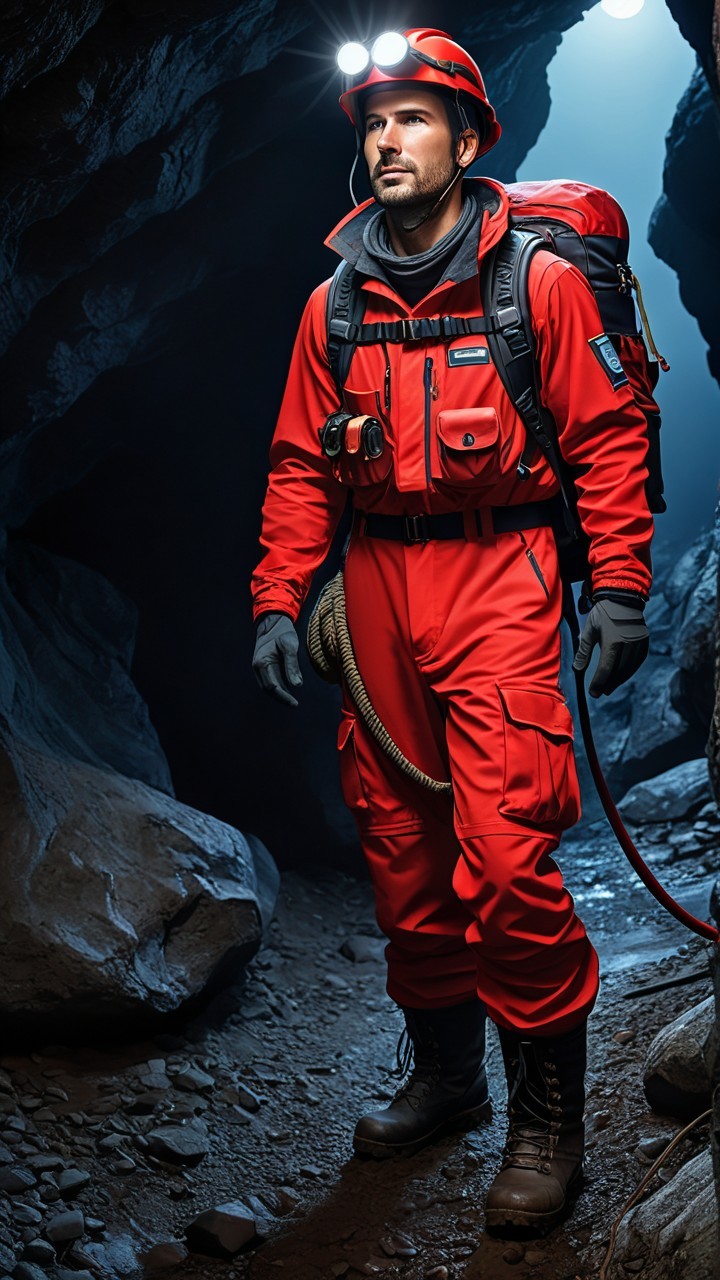 Cave Explorer in Bright Suit with Essential Gear