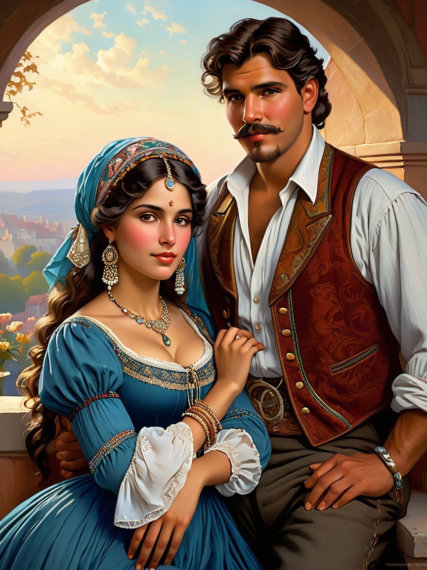 Renaissance Couple in Elegant Attire and Scenic Setting