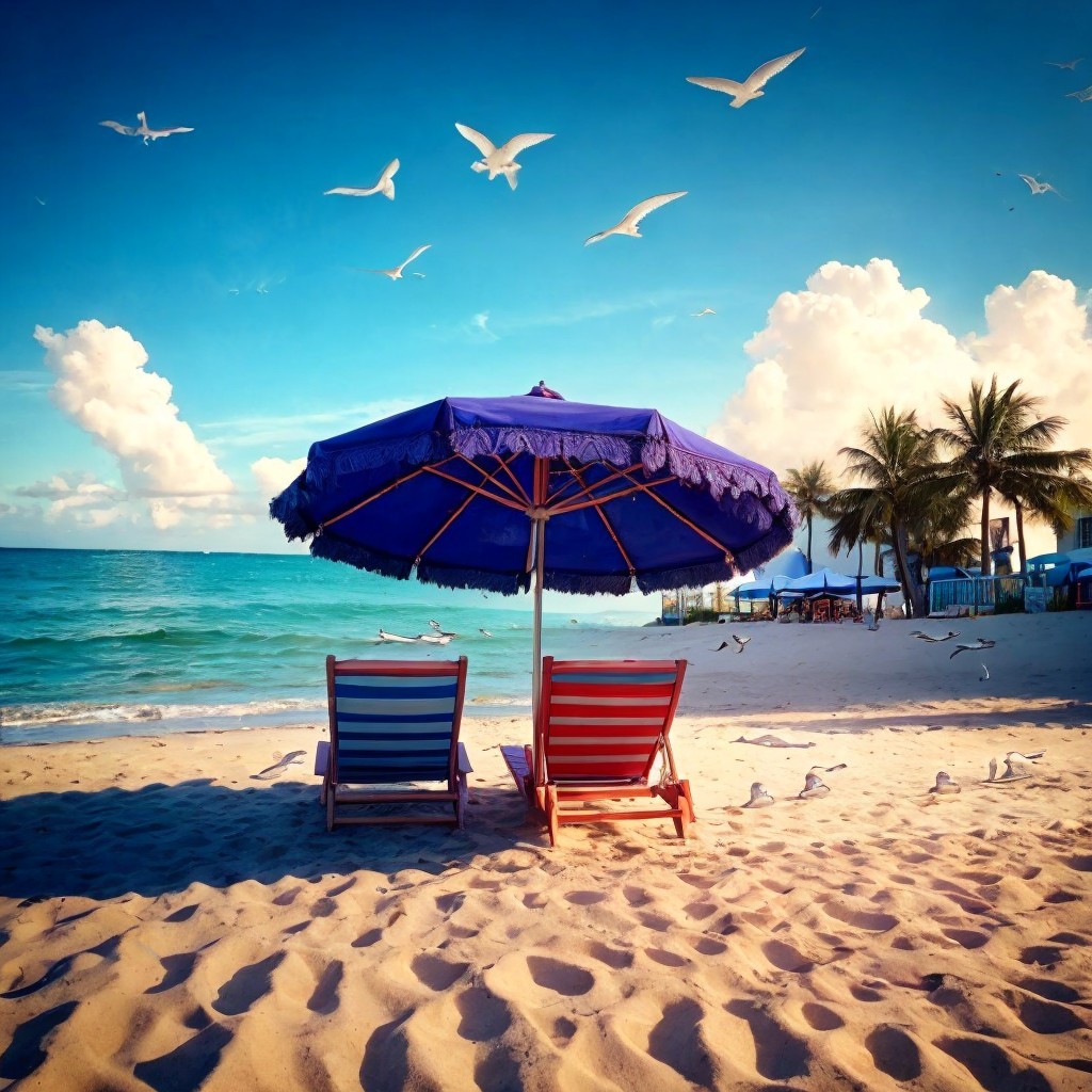 Beach chairs under a purple umbrella on sandy shore