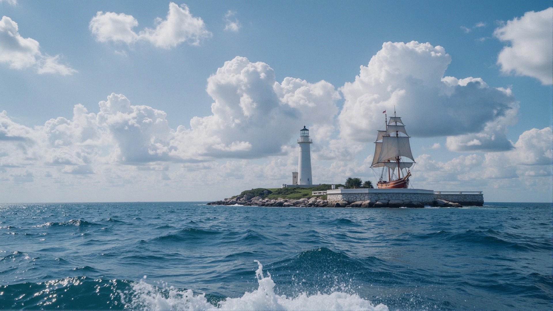 Lighthouse on Island with Sailing Ship and Blue Waters