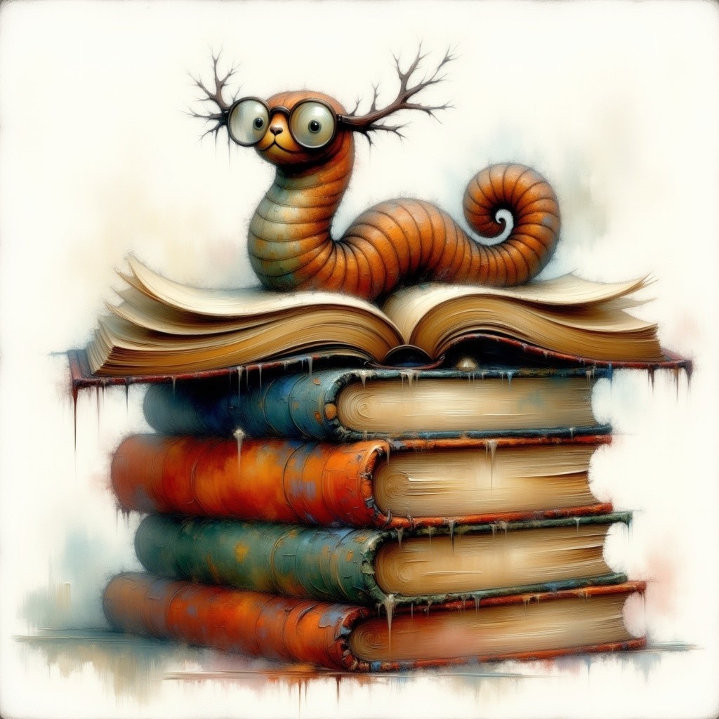Cartoonish Worm on Open Book Surrounded by Vintage Books