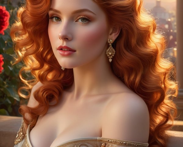 Elegant Woman in Off-Shoulder Gown at Sunset