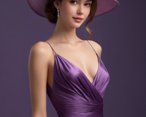 Elegant Woman in Deep Purple Dress with Hat