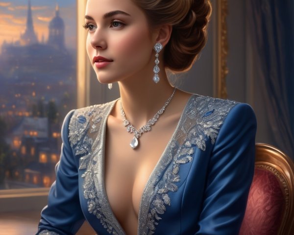 Regal Young Woman in Elegant Blue Gown and Tiara