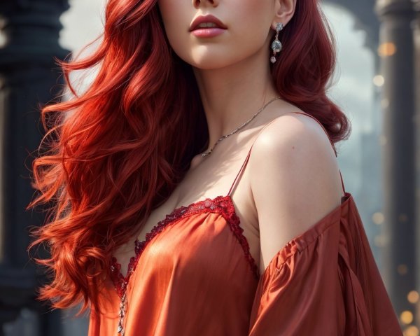 Elegant Woman in Deep Orange Dress with Red Hair