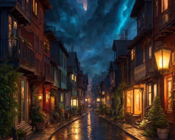 Enchanting Street with Colorful Houses and Mountains