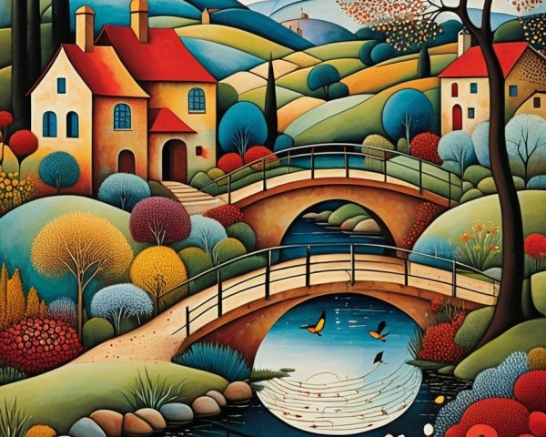 Vibrant Landscape with Hills, Trees, and River Scene