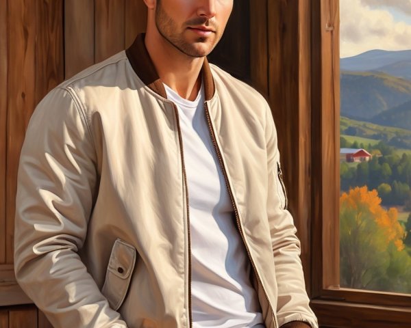 Young Man in Beige Bomber Jacket by Rustic Window