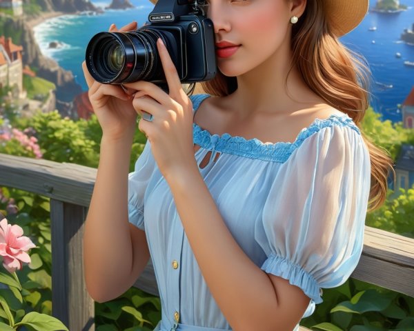 Young woman with camera in coastal scenery setting