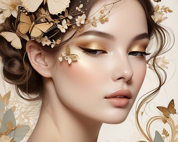 Portrait of a Young Woman with Butterflies and Flowers