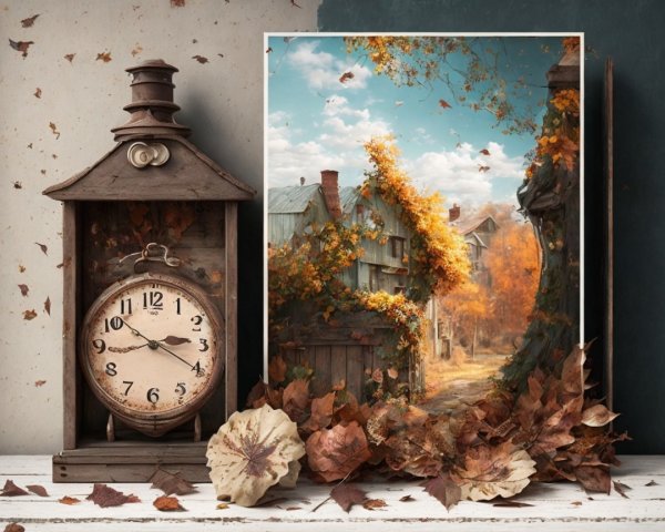Vintage Clock with Autumn Scene and Rustic Details