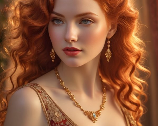 Young woman in elegant dress with red wavy hair